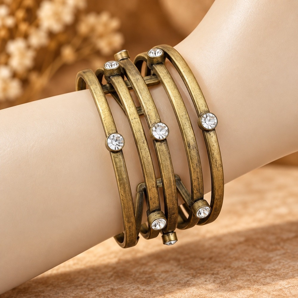 Antique Brass Multi Row Rhinestone Cage Cuff Statement Bracelet Boho Steampunk